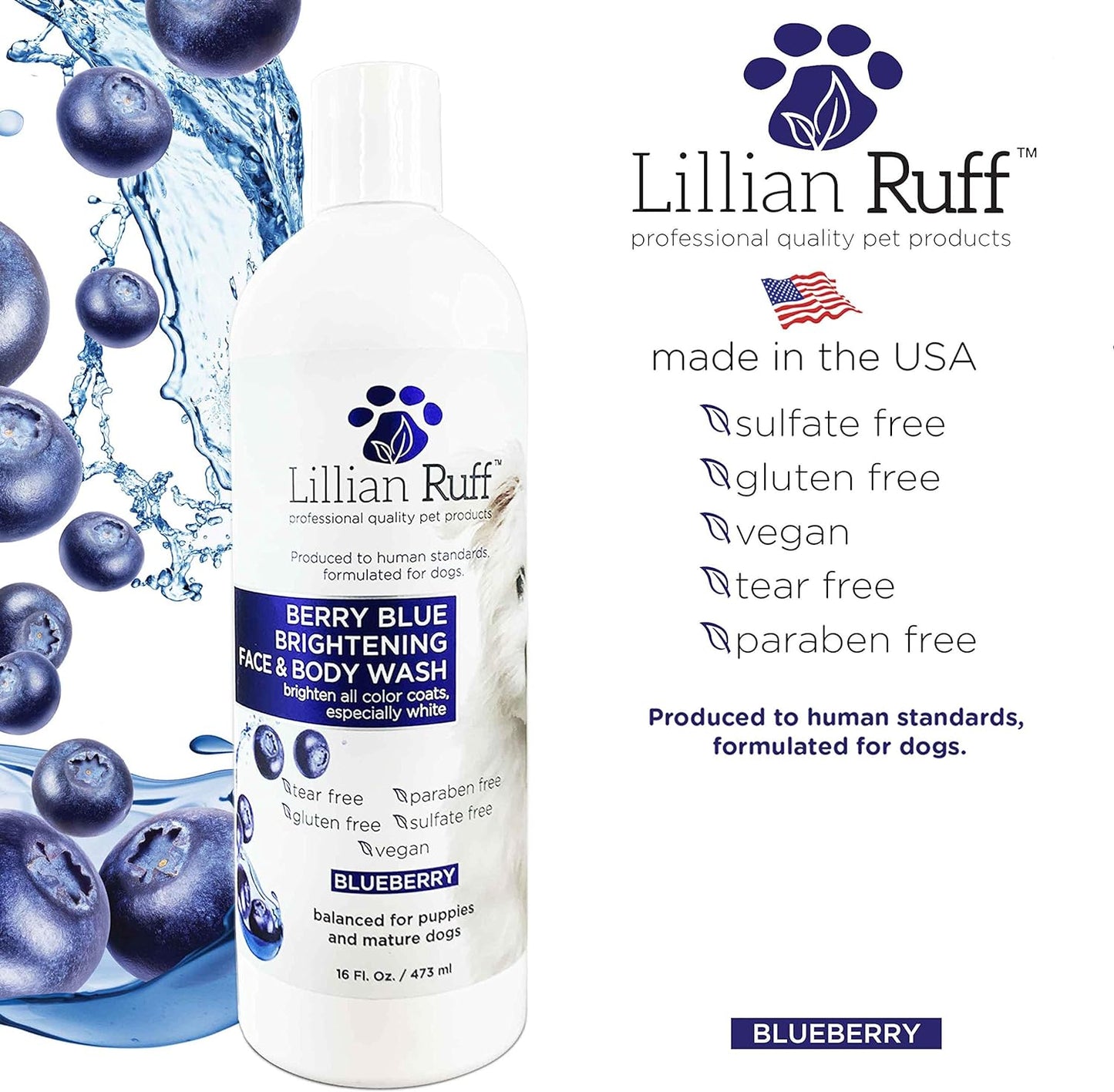 Berry Blue Brightening Face and Body Wash for Dogs - Blueberry Shampoo - Remove Tear Stains, Hydrate Dry Itchy Skin, Add Shine & Luster to Coats (Berry Blue Shampoo 16Oz)