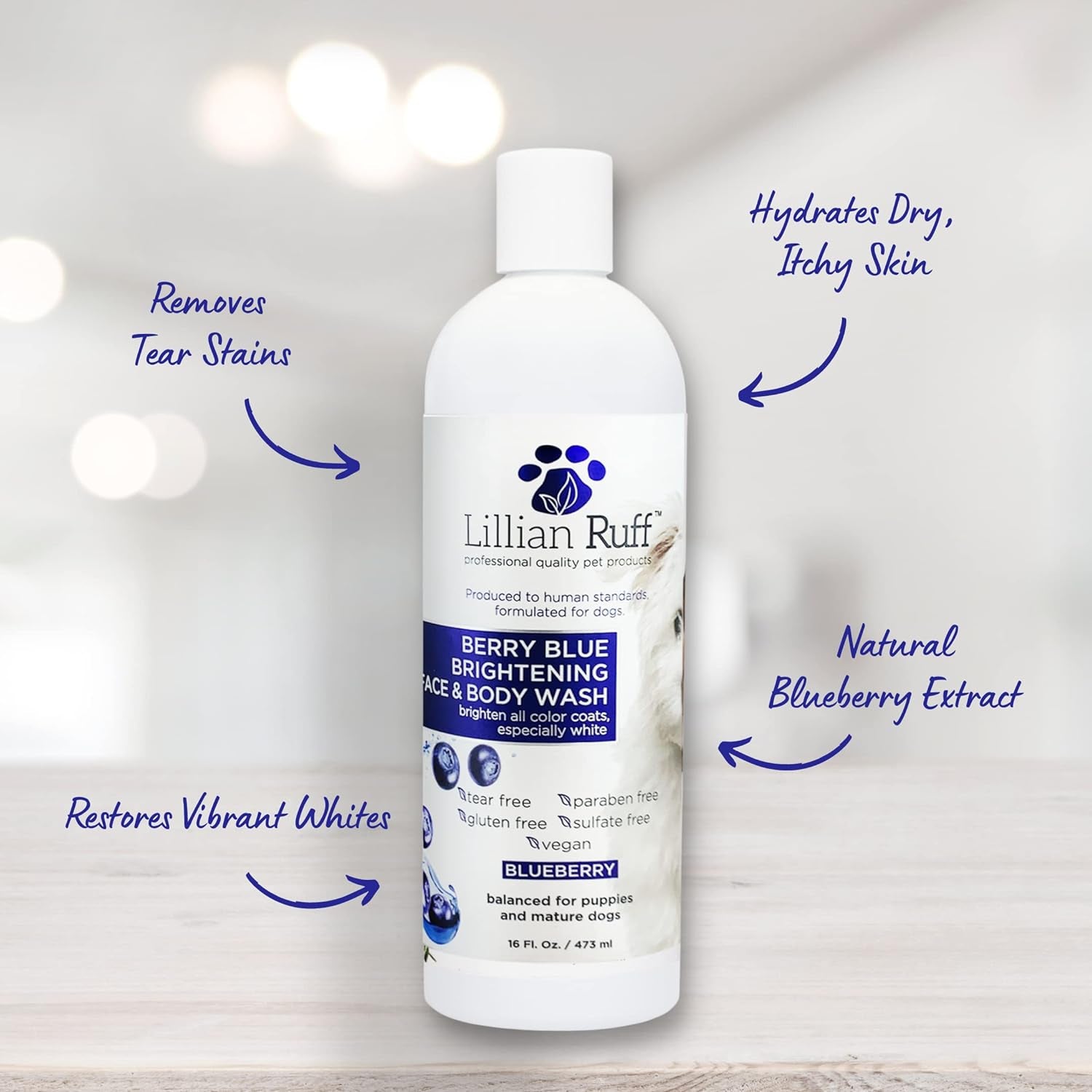 Berry Blue Brightening Face and Body Wash for Dogs - Blueberry Shampoo - Remove Tear Stains, Hydrate Dry Itchy Skin, Add Shine & Luster to Coats (Berry Blue Shampoo 16Oz)