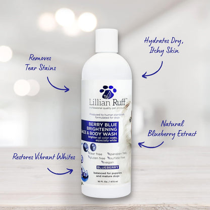 Berry Blue Brightening Face and Body Wash for Dogs - Blueberry Shampoo - Remove Tear Stains, Hydrate Dry Itchy Skin, Add Shine & Luster to Coats (Berry Blue Shampoo 16Oz)